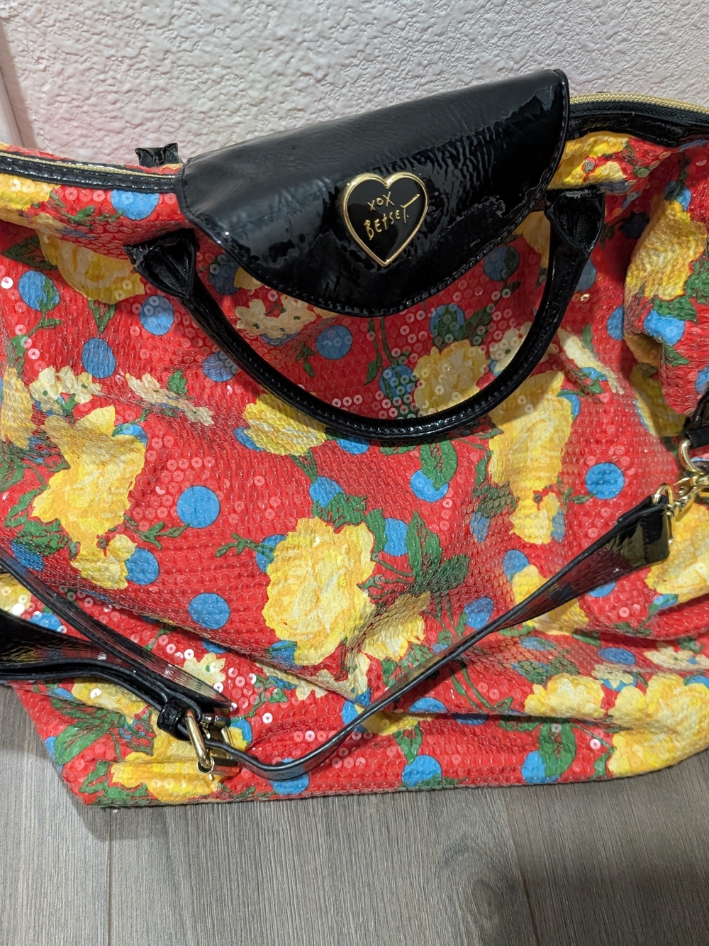 Betsey Johnson Red Sequin Floral Tote with Black Patent Trim